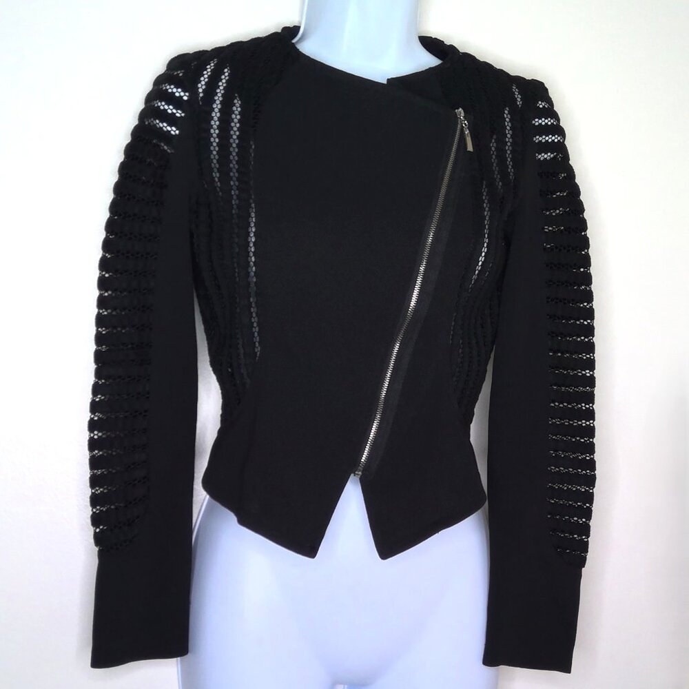 Poetry Black Jacket Cropped Long Lace Sleeves Silver Tone Zipper Stretch EUC S